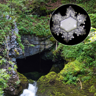 Bild einer Quelle mit zugehörigem Eiskristallbild